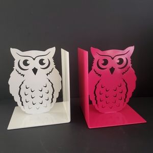 Metal Owl Bookends Pink & White Cut-out Design Kid's Girl's Room Baby's Room